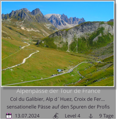 Alpenpässe der Tour de France  Col du Galibier, Alp d´Huez, Croix de Fer…         13.07.2024                    Level 4               9 Tage sensationelle Pässe auf den Spuren der Profis 1